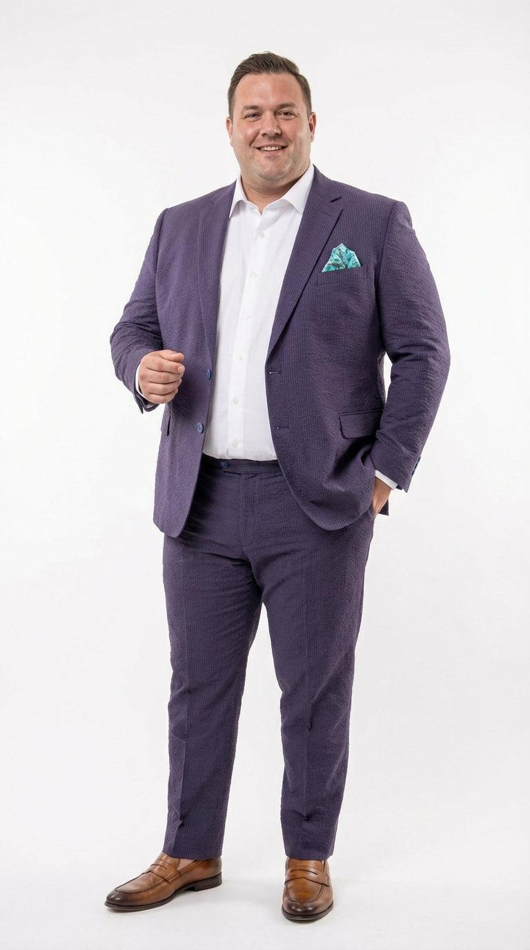 Mens Navy Blue Seersucker Suit – Cotton Fabric Shadow Pattern Ton on Tone Textured Two Button Notch Lapel Formal Summer Suit