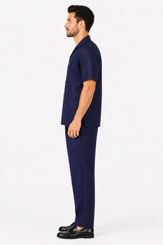 Men's Dark Navy 100% Linen Short Sleeve Plain Casual Casual Two Piece Mens Walking Outfit For Sale Pant Sets Suit With Pleated Pant - Mens Linen Suit