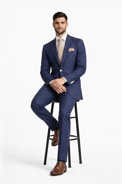 Modern Fit Summer 2 Piece 2 Button Suit Striped Seersucker in Navy