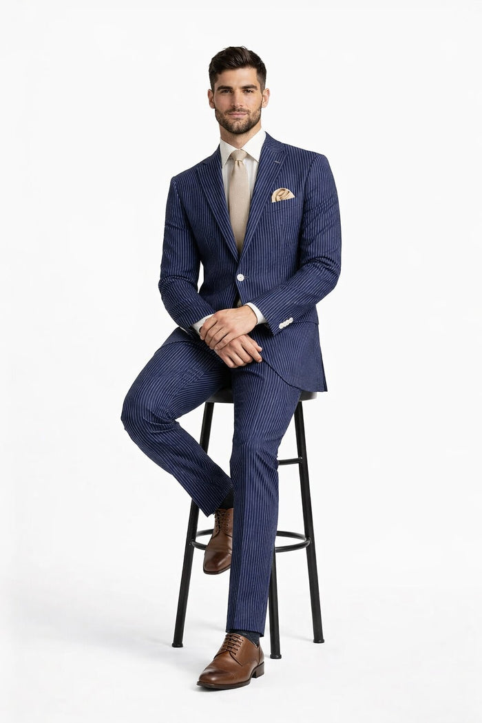 Modern Fit Summer 2 Piece 2 Button Suit Striped Seersucker in Navy