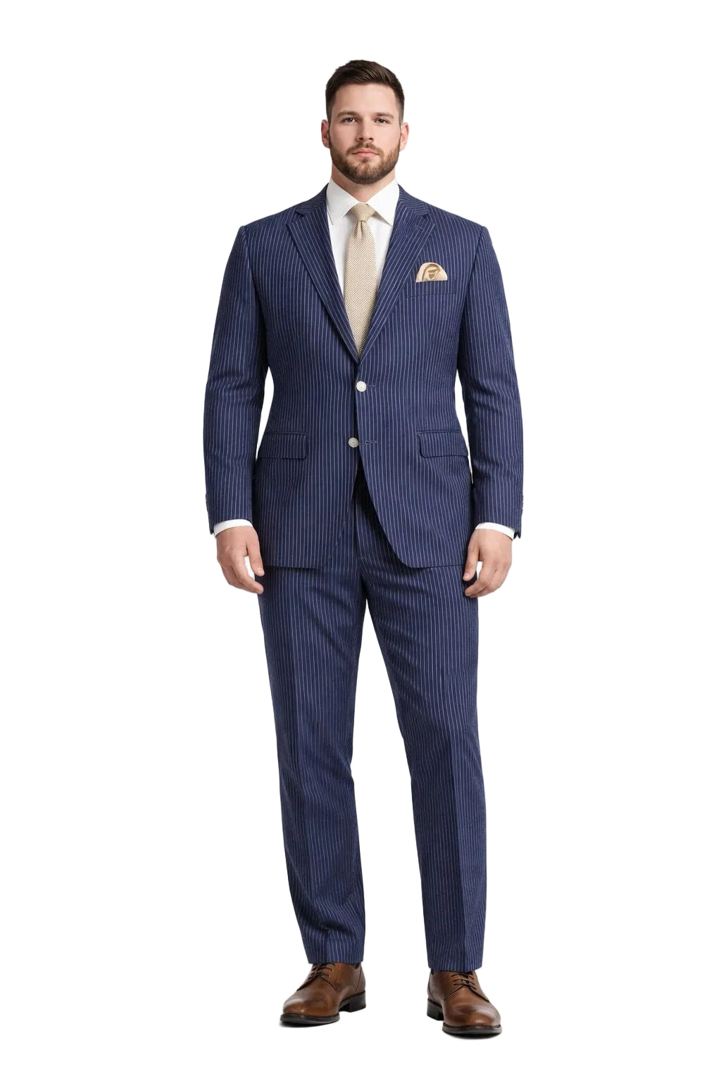 Modern Fit Summer 2 Piece 2 Button Suit Striped Seersucker in Navy