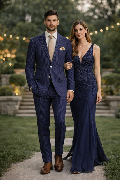 Modern Fit Summer 2 Piece 2 Button Suit Striped Seersucker in Navy