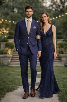 Modern Fit Summer 2 Piece 2 Button Suit Striped Seersucker in Navy