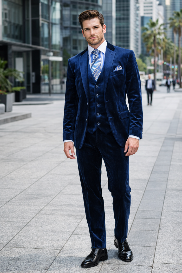 Men's Dark Navy velour Men's blazer Jacket 2 Button Velvet Fabric 3 Piece Vested  Side Vent Suit - Image 7