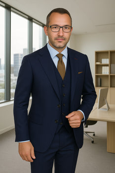 Wool Suit - Italian Made Business Suit by Statement Men's 3 Piece 100% Wool Fashion Suit - Herringbone Stripes