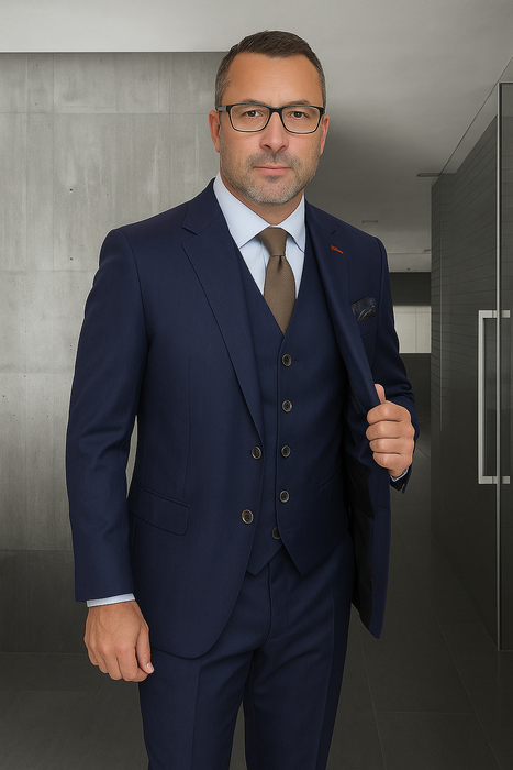 Wool Suit - Italian Made Business Suit by Statement Men's 3 Piece 100% Wool Fashion Suit - Herringbone Stripes