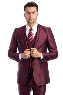Graduation Suit - Men's Two Button Vested Shiny Sharkskin Wedding & Prom Fashion Suit in Burgundy