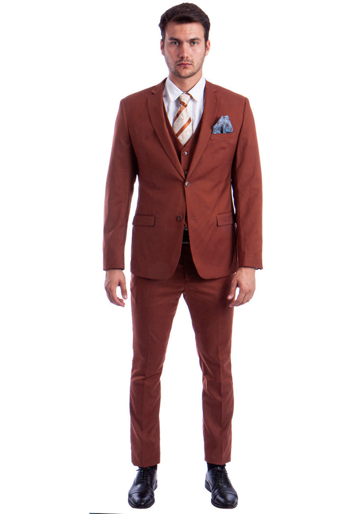 Graduation Suit - Men's Two Button Slim Fit Vested Solid Basic Color Suit in Light Brown Rust - Image 2