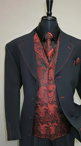 Mens Three Piece Suits - Vested Suit Mens Black/Red Jacket With Bold Vest with matching Tie and Hankie