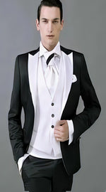 Men's Black and White  Lapel Peak Lapel Vested 3 Piece 1 Button Tuxedo With White Lapel Suit with white vest or black vest