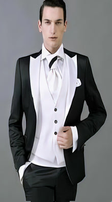 Men's Black and White  Lapel Peak Lapel Vested 3 Piece 1 Button Tuxedo With White Lapel Suit with white vest or black vest