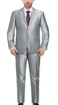 Renoir Suits - Renoir Fashion Verno Cavallo Men'S Silver Solid Pattern Slim Fit Polyester Suit