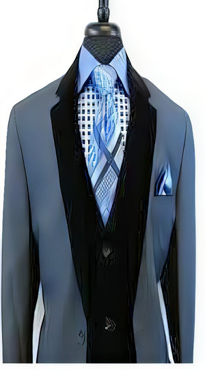 Men'S Blue Velour Velvet Suit Vested Two Button Side Vents Tuxedo Black 2 Toned Suit
