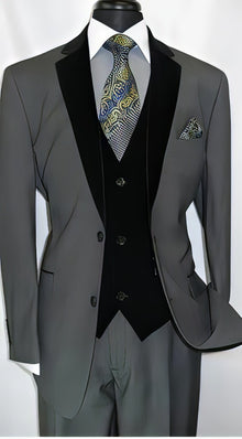 Black Suit Gray Vest Mens  Velvet Suit Two Button Grey Velour Vested Side Vents Tuxedo Black 2 toned Suit