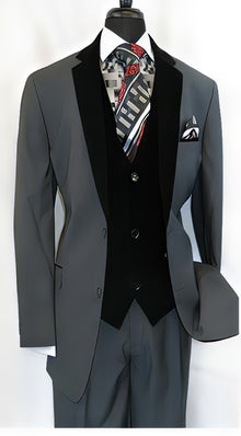 Men's  Two Button Black Velour Velvet Suit Vested Side Vents Tuxedo Black 2 toned Suit