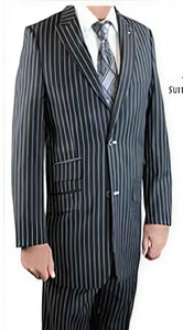 3 Piece Black Peak Lapel Gangster Stripe Scoop Revo Vested Suit