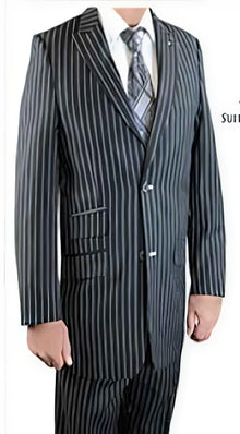 3 Piece Black Peak Lapel Gangster Stripe Scoop Revo Vested Suit