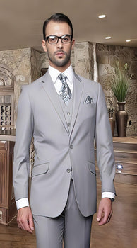 Nice 2 Button Solid Color Gray Men'S Suit With A Vest 3 Piece Tapered Slim Fitted Flat Front Pants