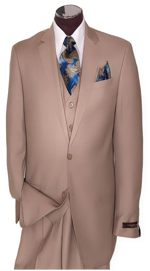 Men's 2 Button Tan ~ Beige Regular Basic Cut Flat Front Pants Three Piece Suit
