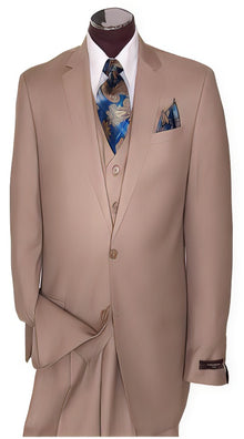 Men's 2 Button Tan ~ Beige Regular Basic Cut Flat Front Pants Three Piece Suit