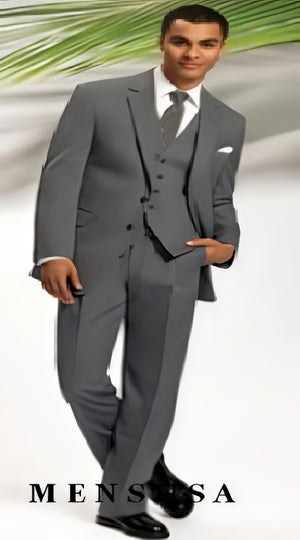 Men's Gray 2 Button Vested 3 Piece three piece suit - Jacket + Pants + Vest