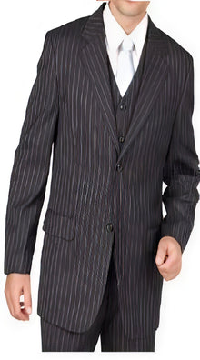 Men's Black Pinstripe 2 Button Vested 3 Piece three piece suit - Jacket + Pants + Vest