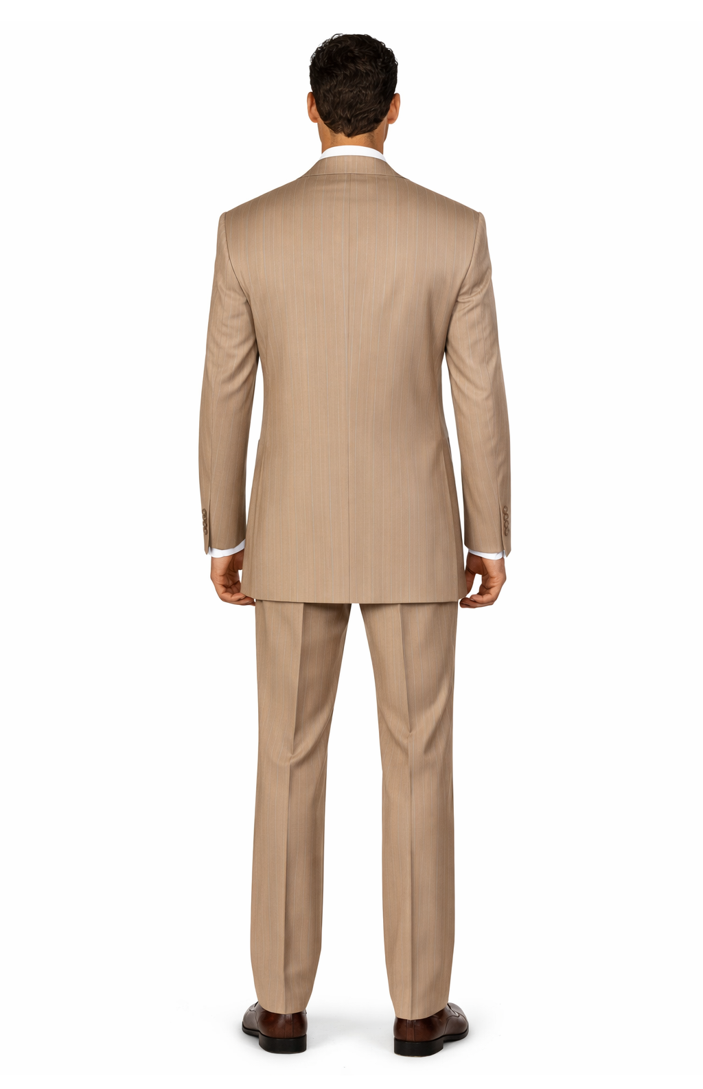 New Men'S Peak Lapel Pinstripe Stripe Suits Vested In Tan ~ Beige Pleated Pants - Three Piece Suit