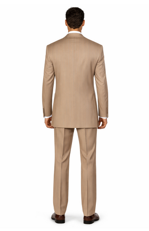New Men'S Peak Lapel Pinstripe Stripe Suits Vested In Tan ~ Beige Pleated Pants - Three Piece Suit