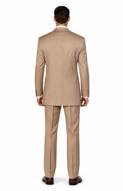 New Men'S Peak Lapel Pinstripe Stripe Suits Vested In Tan ~ Beige Pleated Pants - Three Piece Suit
