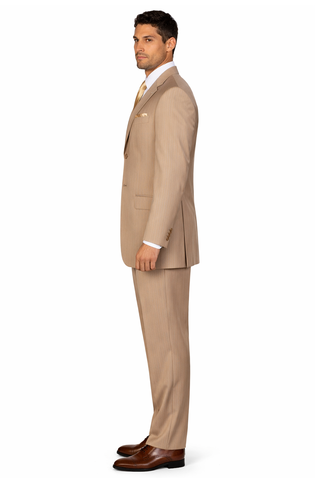 New Men'S Peak Lapel Pinstripe Stripe Suits Vested In Tan ~ Beige Pleated Pants - Three Piece Suit