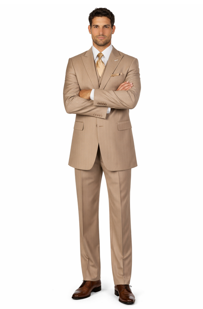 New Men'S Peak Lapel Pinstripe Stripe Suits Vested In Tan ~ Beige Pleated Pants - Three Piece Suit