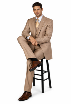New Men'S Peak Lapel Pinstripe Stripe Suits Vested In Tan ~ Beige Pleated Pants - Three Piece Suit