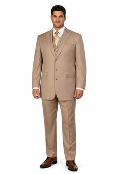 New Men'S Peak Lapel Pinstripe Stripe Suits Vested In Tan ~ Beige Pleated Pants - Three Piece Suit