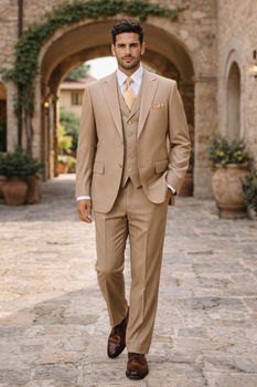 New Men'S Peak Lapel Pinstripe Stripe Suits Vested In Tan ~ Beige Pleated Pants - Three Piece Suit