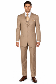 New Men'S Peak Lapel Pinstripe Stripe Suits Vested In Tan ~ Beige Pleated Pants - Three Piece Suit