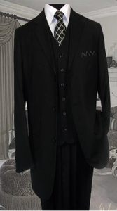 Classic 3PC 3 Button Solid Black Vested Men'S Suit With Pleated Pants