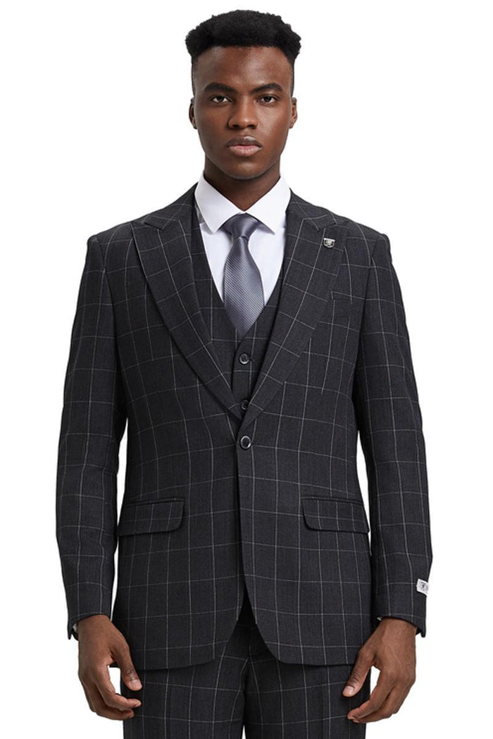 Men's Stacy Adams Vest Classic Bold Windowpane Suit in Dark Charcoal Grey