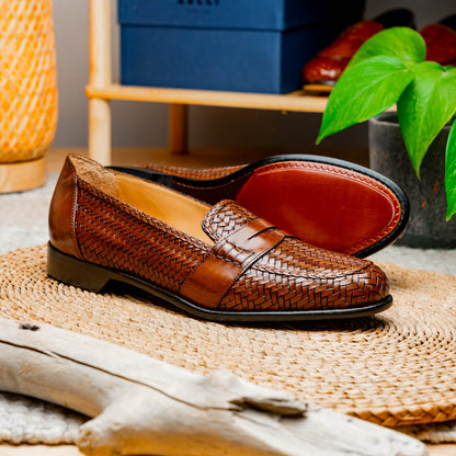 Zelli Nicola Handwoven Italian Calfskin Penny Loafers in Cognac