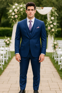 Vitali Brand Suits - Notch Lapel 2 Button Slim Fit Dress Sharkskin Textured Pattern Tapered Fit Suits for Men With Vent Royal Blue Online Discount Fashion Sale