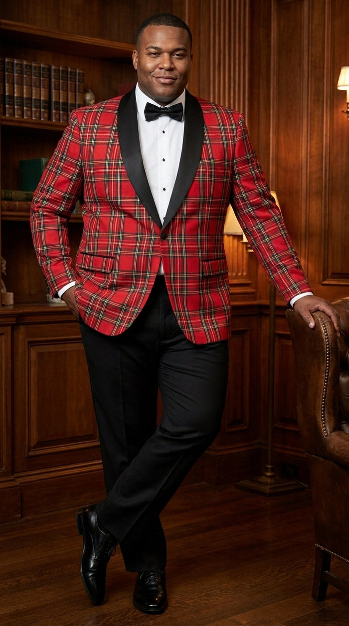 Men’s Red Tartan Plaid Tuxedo Jacket with Black Shawl Lapel, Holiday Christmas Wedding Prom Blazer
