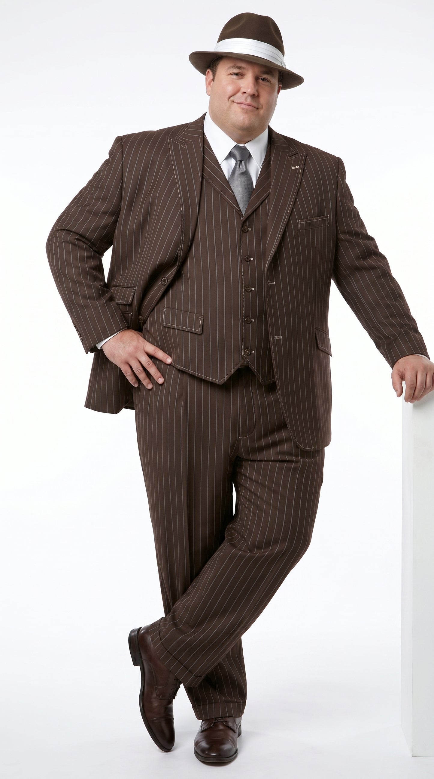 Men’s Brown Pinstripe Zoot Suit with 3 Button Jacket, Vest and Wide Leg Pants, 1920s Gangster Suit