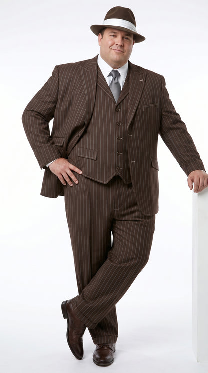 Men’s Brown Pinstripe Zoot Suit with 3 Button Jacket, Vest and Wide Leg Pants, 1920s Gangster Suit