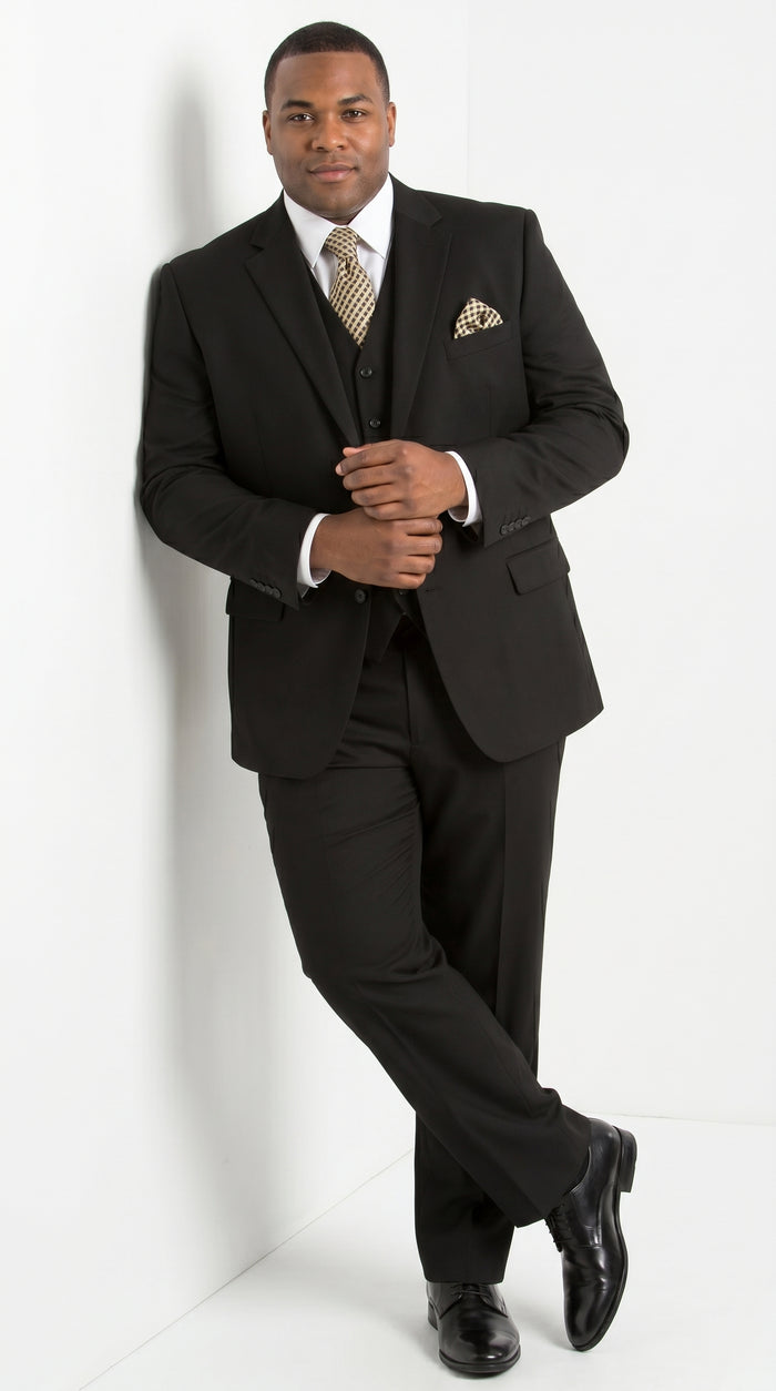 Men’s Black Three Button Poplin Suit with Classic Jacket and Pleated Pants, Formal Dress Suit
