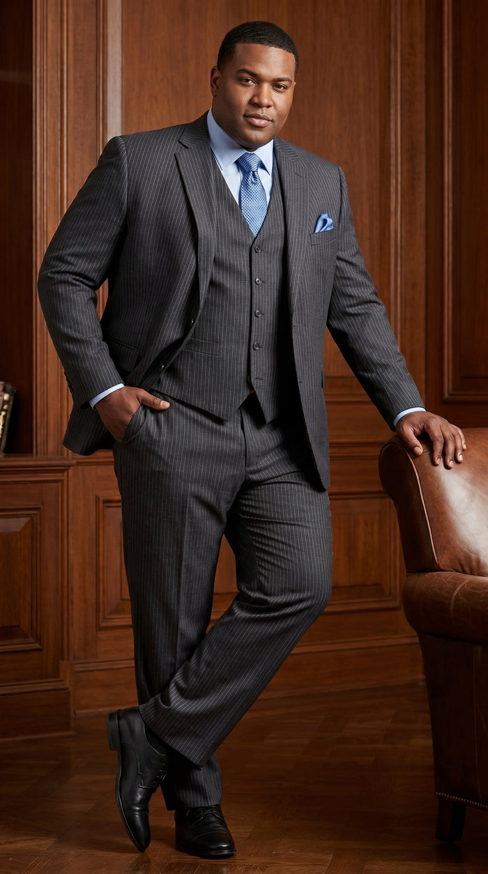 Men’s Charcoal Gray Pinstripe 3 Piece Vested Suit with 2 or 3 Button Jacket, Formal Dress Suit