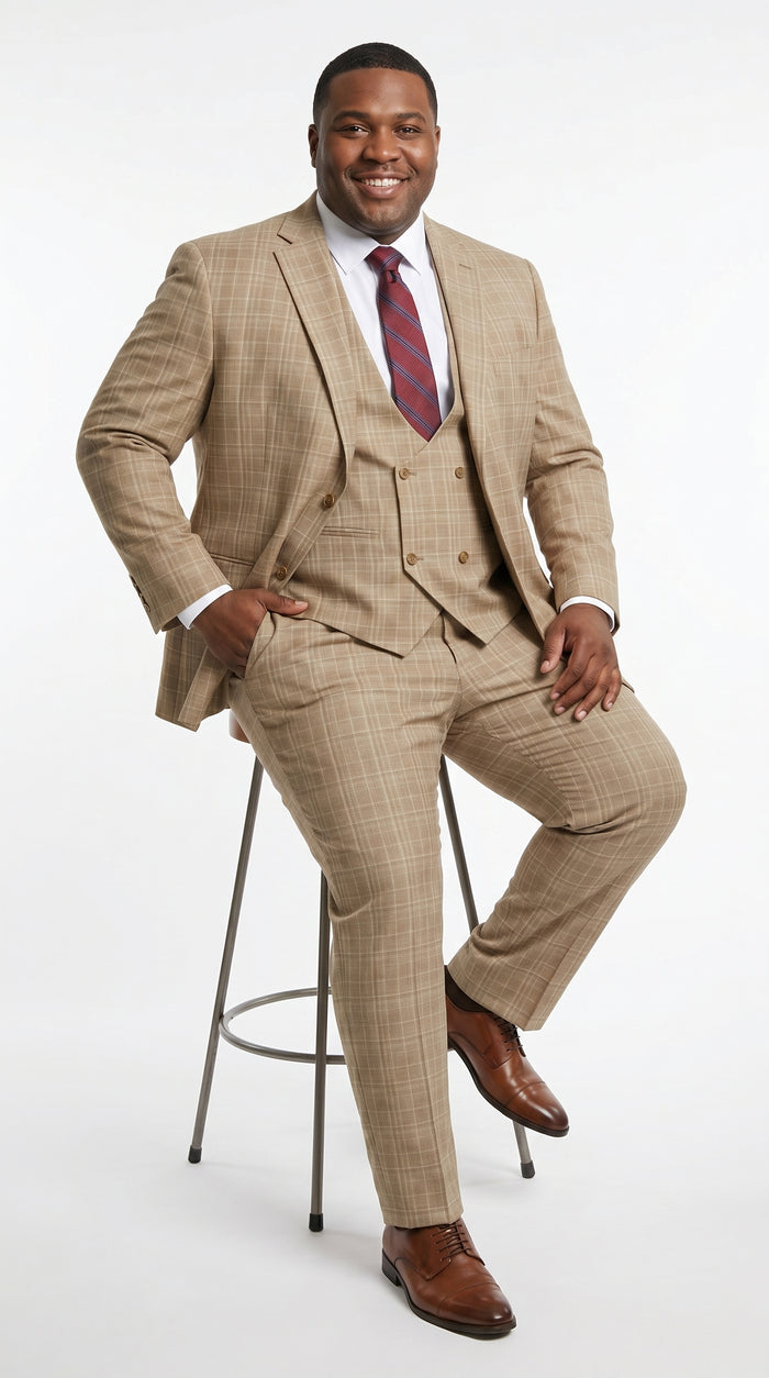 Men’s Camel Plaid Windowpane Vested Suit with 2 Button Jacket, Peak Lapel and Matching Pants Modern Fit
