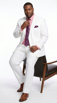 Men’s White Linen 2 Piece Suit with Two Button Jacket, Side Vents and Matching Pants