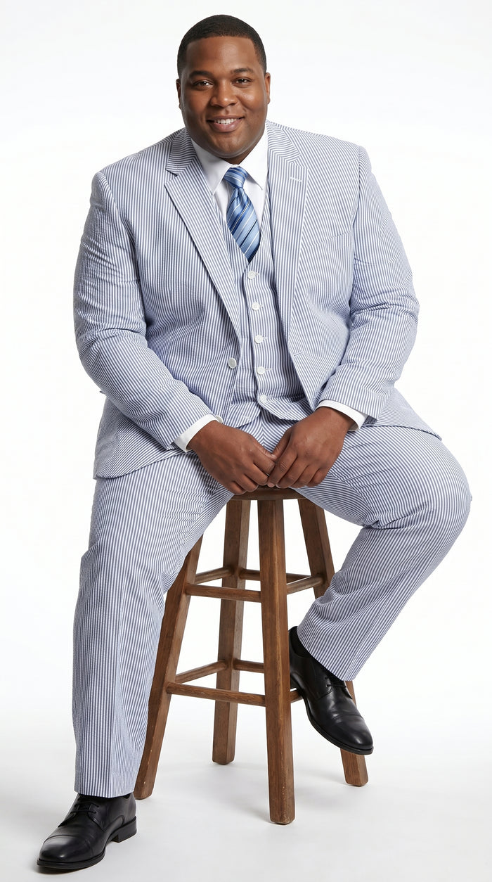 Men’s Light Blue Seersucker Suit with Jacket, Vest and Pants, High Quality Summer Dress Suit