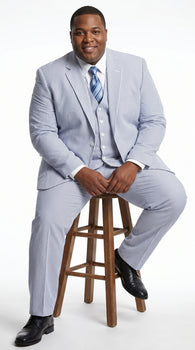 Men’s Light Blue Seersucker Suit with Jacket, Vest and Pants, High Quality Summer Dress Suit