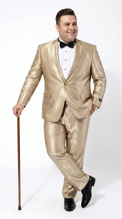 Men’s Champagne Tan Shiny Sharkskin 2 Button Suit, Formal Wedding Prom Dress Suit