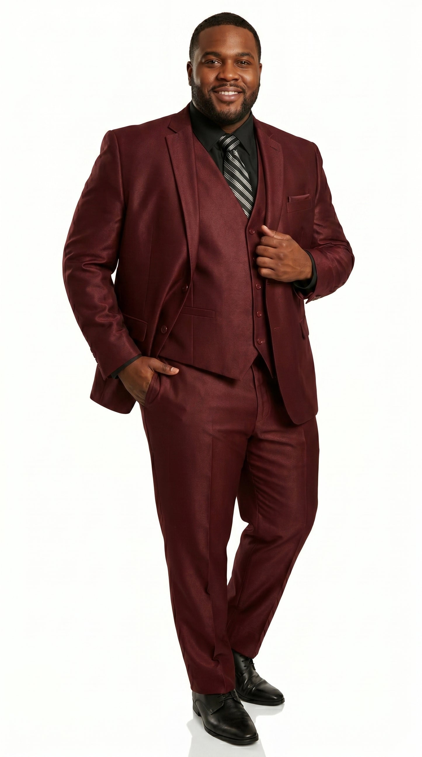 Men’s Burgundy Wine Maroon Sharkskin Vested Suit with Jacket, Vest and Pants